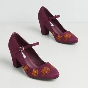 Lulu Hun Women Burgundy Autumn Leaf Embroidery Babydoll Heels US7 Coquette Retro